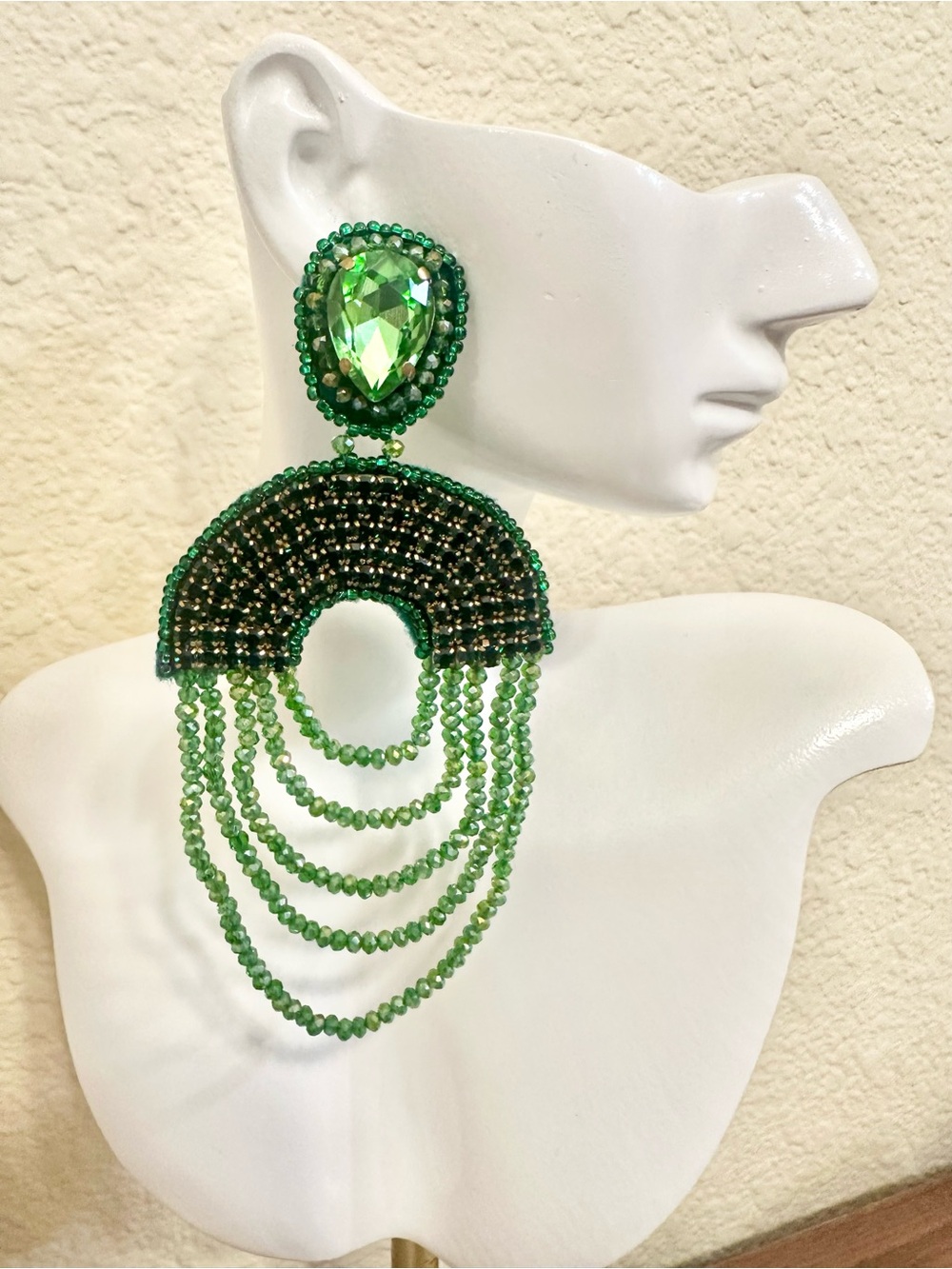 Handmade Green Beaded Soutache Statement Earrings